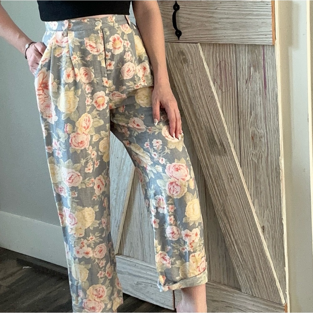 VINTAGE 90s Talbots LINEN Floral Tapered Casual Pant